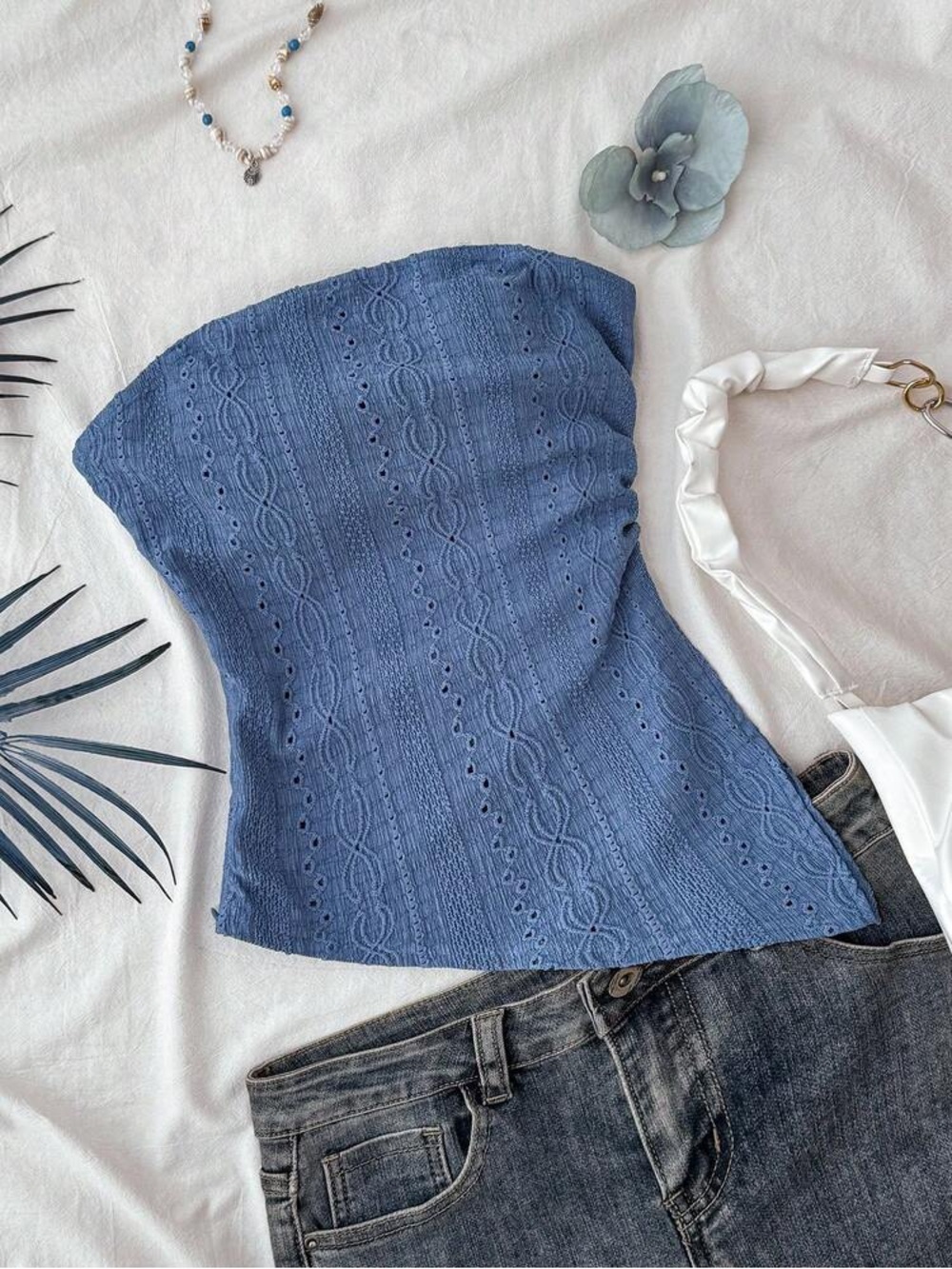 Blue Strapless Knit Lace-Pattern Camisole